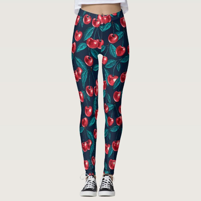 Leggings Cerises rouges sur bleu foncé (Devant)