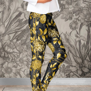 Leggings Chaîne d'or Chaîne Florale Noir sur Damas Noir