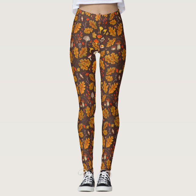 Leggings Champignons forestiers et flore d'automne sur brun (Devant)