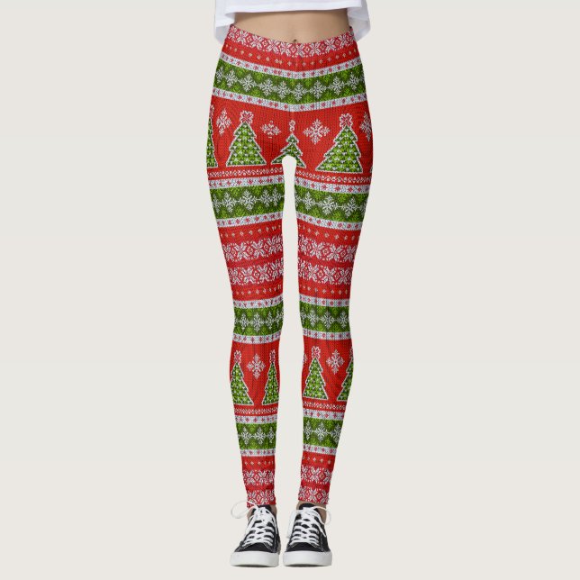 Leggings Chandail Knit look, Rouge blanc et vert Noël (Devant)