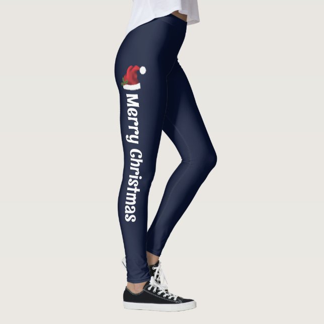 Leggings Chapeau Rouge Père Noël En Bleu Avec Joyeux Texte  (Droite)