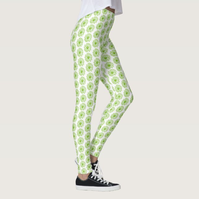 Leggings Chartreuse Green Daisy Print, Hippie Flower Print (Droite)