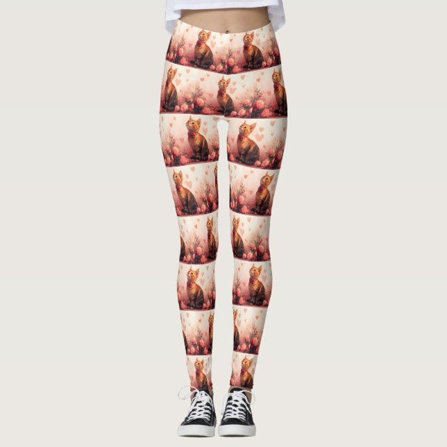 Leggings Chat abyssinien avec Rose - Saint Valentin (Devant)