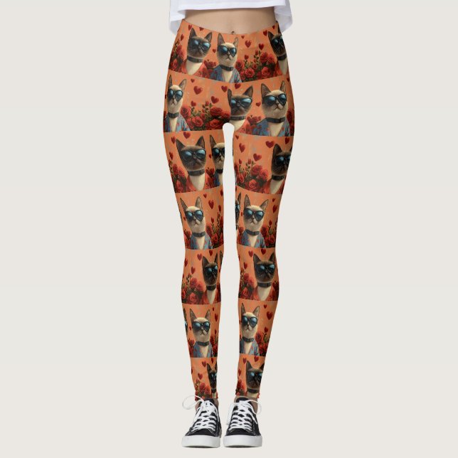 Leggings Chat de Siamese avec coeur Roses Saint-Valentin (Devant)