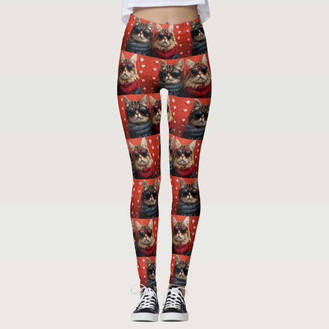 Leggings Chat de Sibérie avec coeur Roses Saint Valentin (Devant)