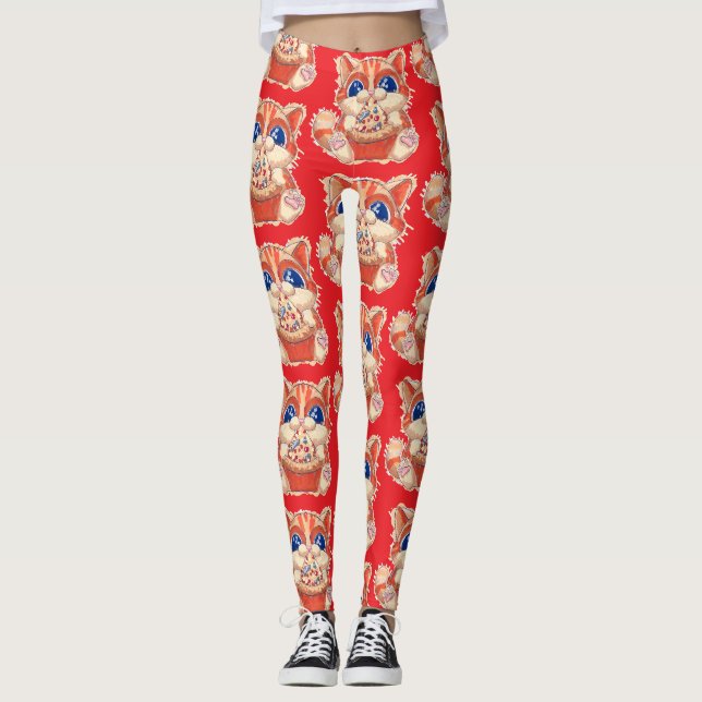 Leggings Chat mangeant de la pizza couleur (Devant)