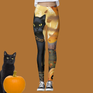 Leggings Chat noir sous une lune de récolte et Citrouilles