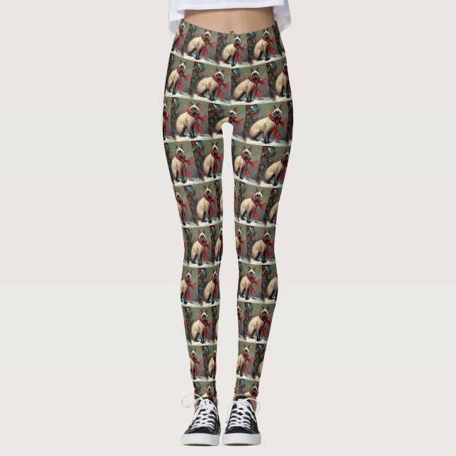 Leggings Chat siamois à Noël de neige (Devant)