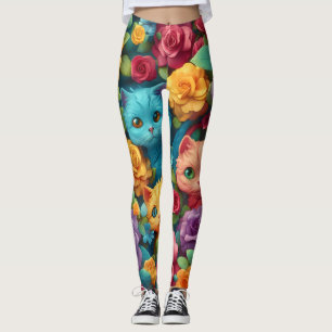 Leggings Chats colorés et fleurs joli design
