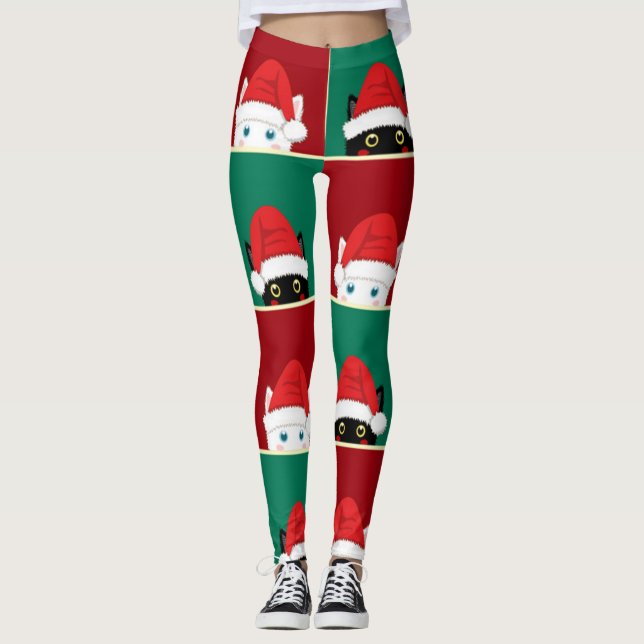 Leggings Chats De Noël Noir Et Blanc (Devant)