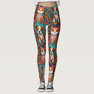 Leggings Chats de Whimsical et Chien avec Fleurs d'Art Folk