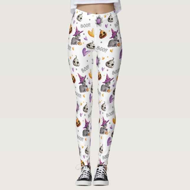 Leggings Chats d'Halloween orange et violet Citrouilles et  (Devant)
