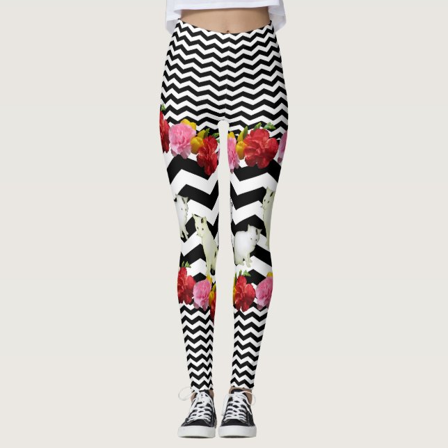 Leggings Chats et fleurs sur Chevron noir (Devant)