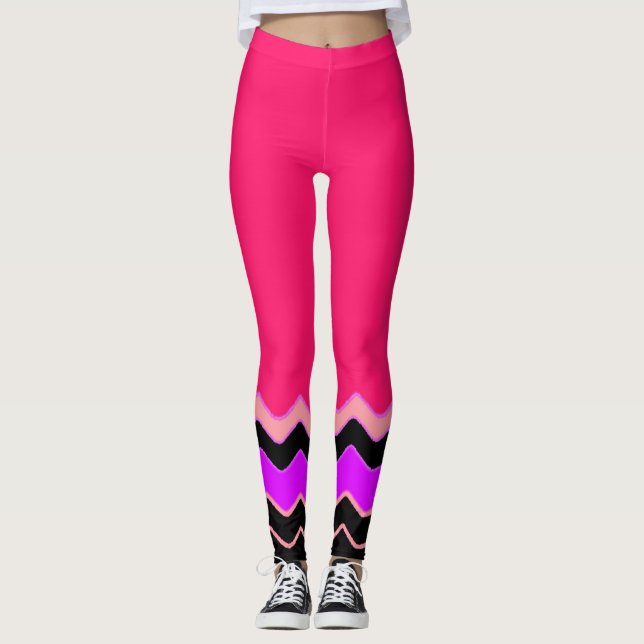 Leggings Chaud rose, noir et blanc ondulé motif Chevron (Devant)