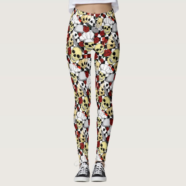 Leggings Chef cool Crâne Roses rouges Noir Blanc tableau de (Devant)