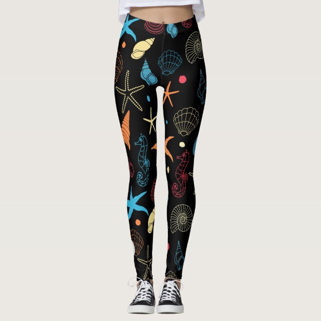 Leggings Cheval de mer moderne, étoile de mer & coquillages (Devant)