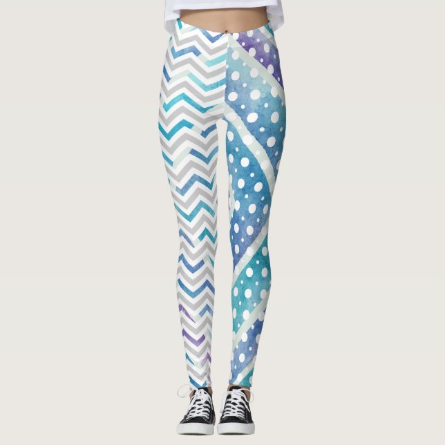 Leggings chevron bleu aquarelle, légendes à points de polka (Devant)