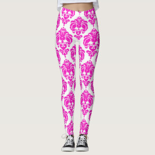 Leggings Chic Damassé Blanc Rose Chaud Moderne Élégant Moti