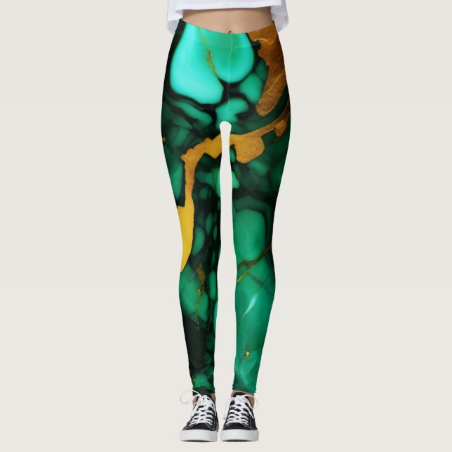 Leggings Chic Elegant vert foncé jaune Faux Marble (Devant)