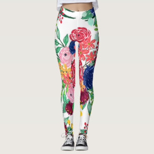 Leggings Chic Fleurs de couleur boho de la marine bleu et r