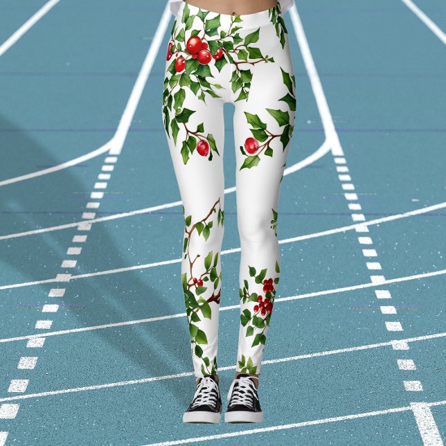 Leggings Chic Xmas Vert Rouge Mistletoe Plante Aquarelle (Créateur téléchargé)
