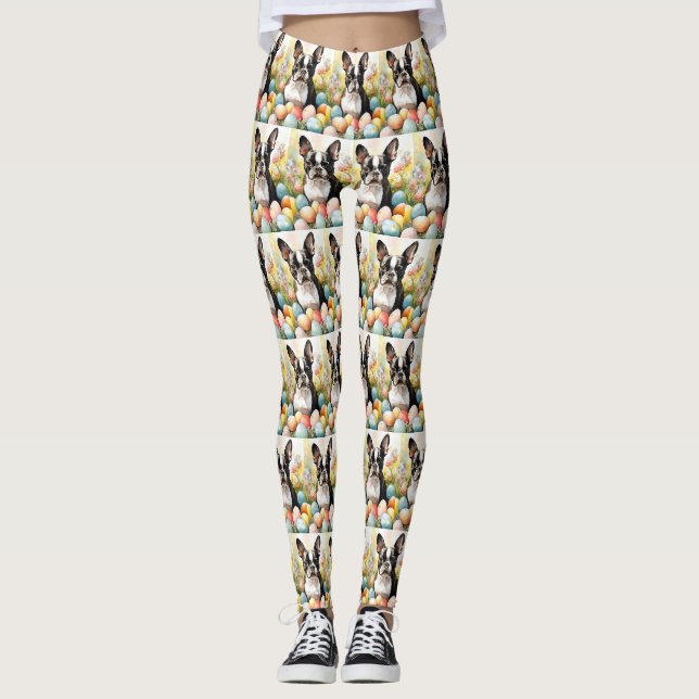 Leggings Chien de Boston Terrier avec oeufs de Pâques vacan (Devant)