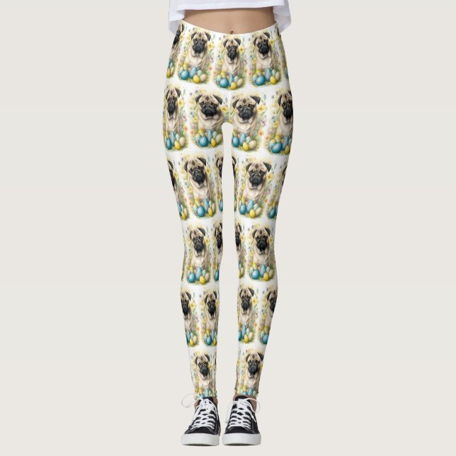 Leggings Chien de carlin avec oeufs de Pâques Fêtes (Devant)