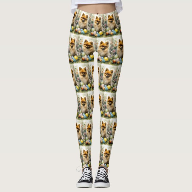 Leggings Chien de Poméranie avec oeufs de Pâques vacances (Devant)