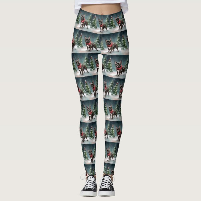 Leggings Chien de taureau français à Noël de neige (Devant)