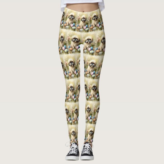 Leggings Chien Lhassa Apso avec oeufs de Pâques vacances (Devant)