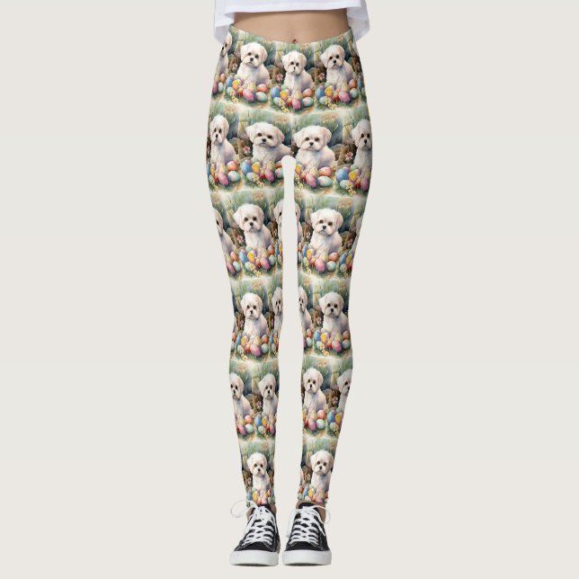 Leggings Chien maltais avec oeufs de Pâques vacances (Devant)