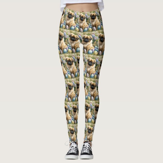 Leggings Chien pekingese avec oeufs de Pâques vacances (Devant)