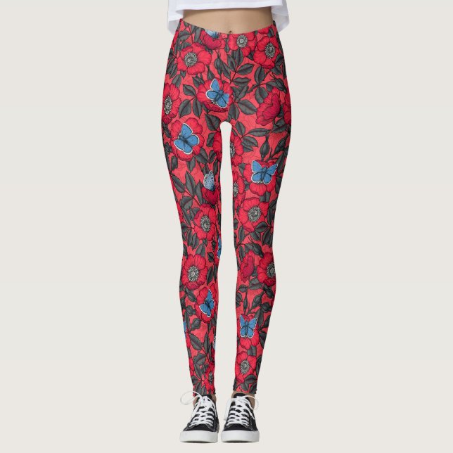 Leggings Chien rose et papillons en rouge et bleu (Devant)