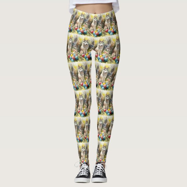 Leggings Chien sibérien Husky avec oeufs de Pâques vacances (Devant)