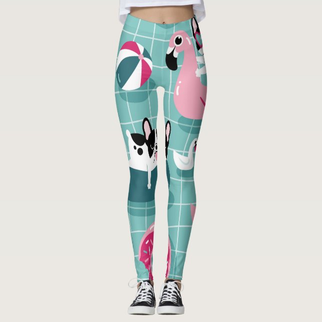 Leggings Chiens avec flotteurs de piscine, motif vintage. (Devant)