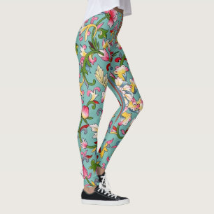Leggings Chine vintage Bouquet asiatique rose sur Aqua Blue
