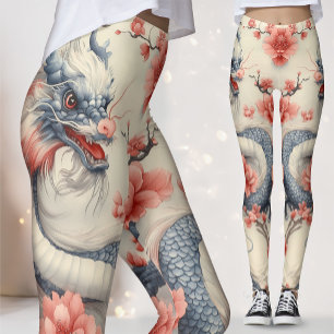 Leggings Chinoiserie Lotus Dragon   Art en bleu et rose