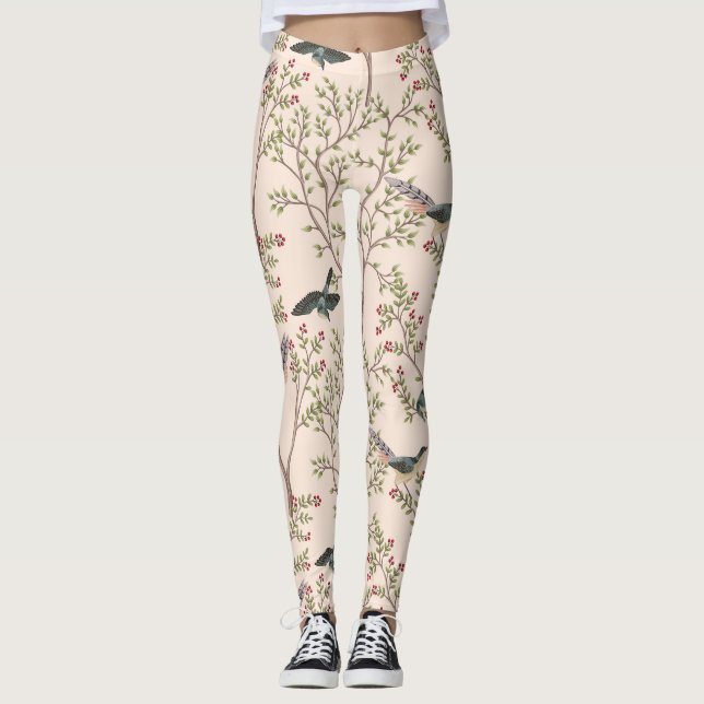 Leggings Chinoiserie oiseaux et feuillage rose vif (Devant)
