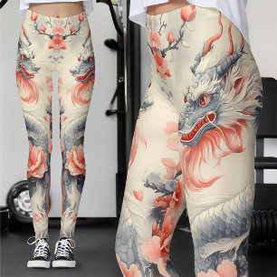 Leggings Chinoiserie Sakura Dragon Art en ardoise et rose