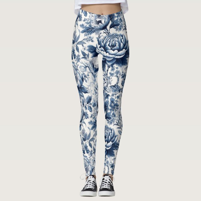 Leggings Chinoiserie Toile Bleu Blancs pivoines Florales Fl (Devant)