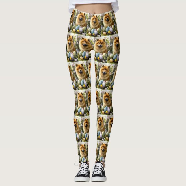 Leggings Chow Chow avec oeufs de Pâques vacances (Devant)