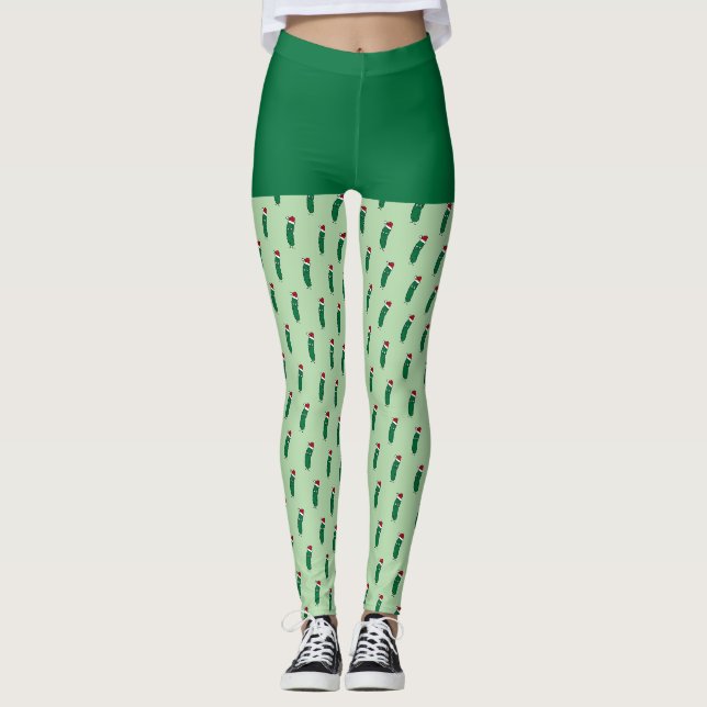 Leggings Christmas Dill Pickle wearing a Santa Hat (Devant)