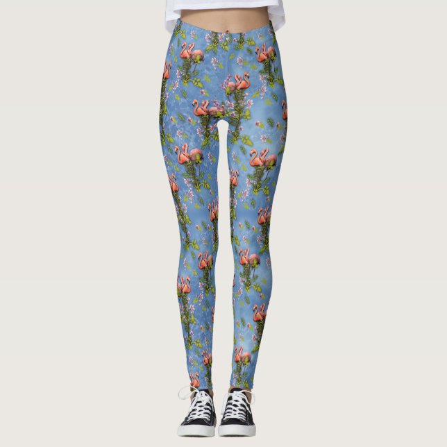 Leggings Ciel bleu nuageux et Flamant rose Répéter l'impres (Devant)