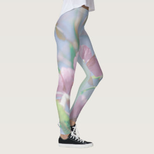Leggings Ciel bleu Vert Plante Feuilles Fleurs violettes
