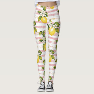 Leggings Citrons et fleurs vintages sur bandes rose et blan