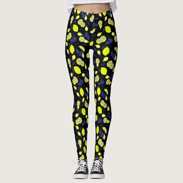 Leggings Citrons méditerranéens Feuille Bleu Jaune (Devant)