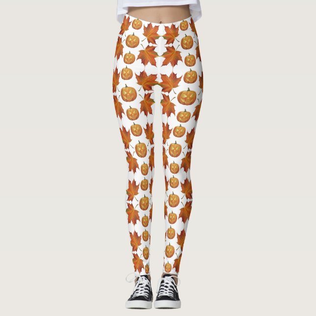 Leggings Citrouille d'Halloween et feuilles d'automne Motif (Devant)