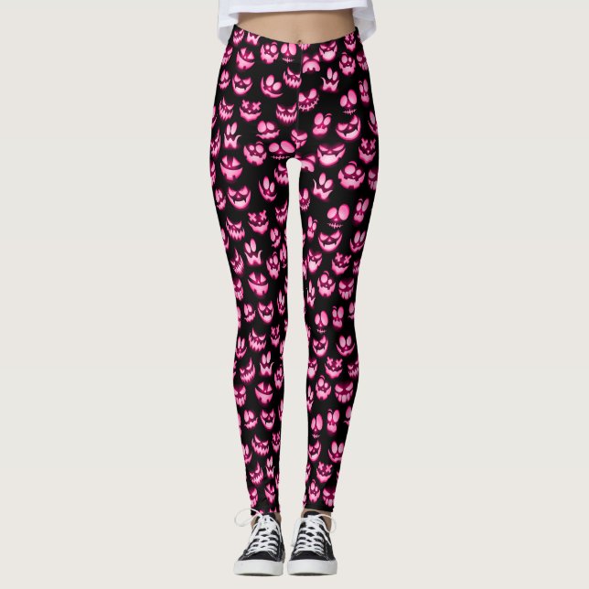 Leggings Citrouille d'Halloween rose vif sur noir (Devant)