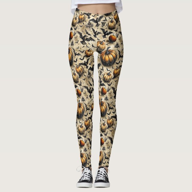 Leggings Citrouilles, corbeaux et chauves-souris Motif d'Ha (Devant)