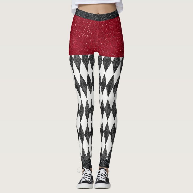 Leggings Classic noir blanc rouge arlequin Jacquard diamant (Devant)